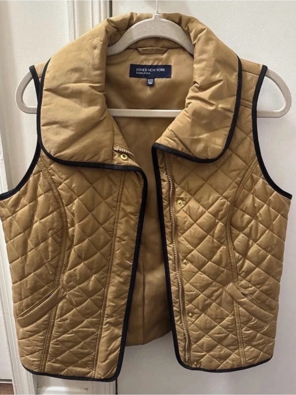 Jones New York Quilted Camel Vest with Black Trim